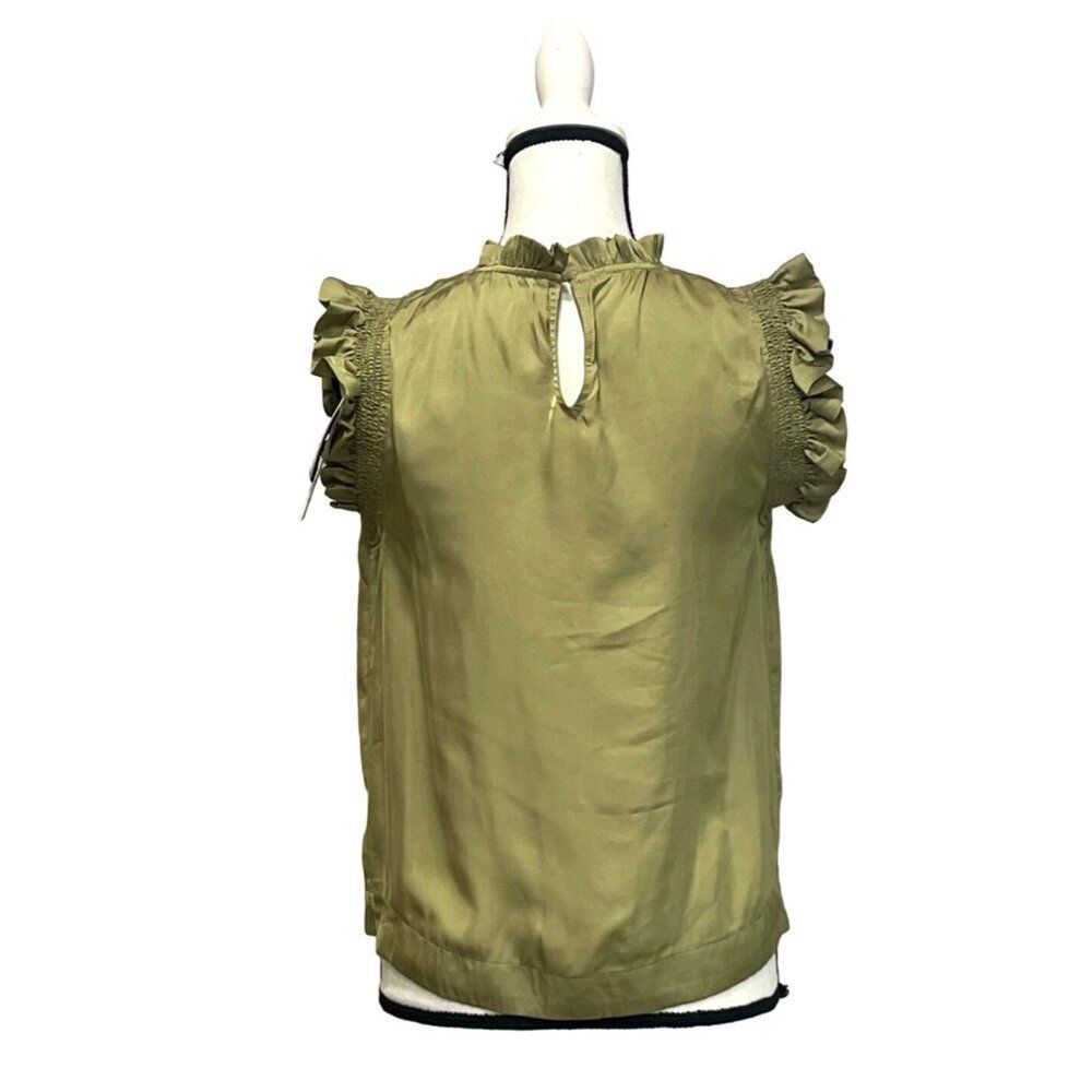 T Tahari Women’s Ruffle Trim Sleeveless Satin Blouse, Olive Green, S - Picture 3 of 12